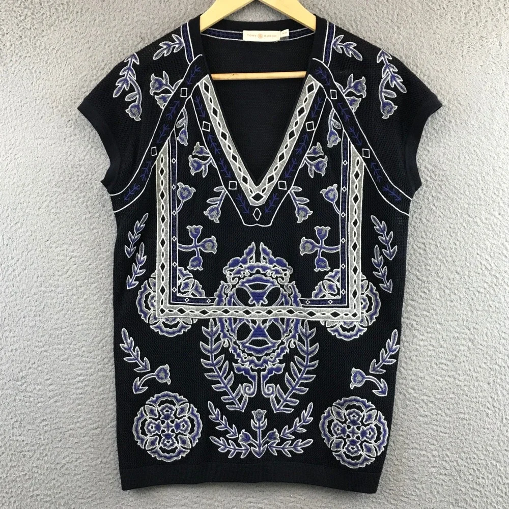 Tory Burch Wool Embroidered V Neck‎ Sleeveless Top Knit M